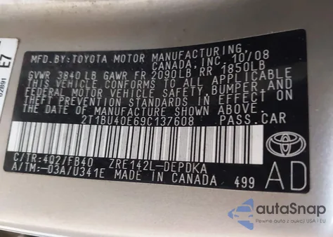 2009 Toyota Corolla Le from USA, damaged, VIN 2T1BU40E69C137608